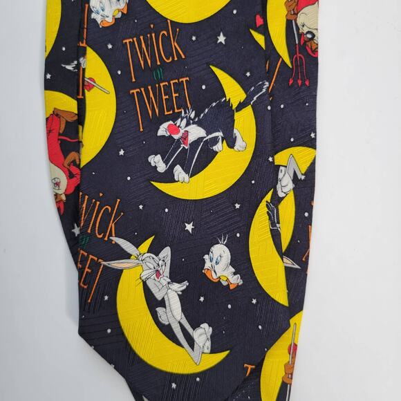 Vintage Looney Tunes Halloween Silk Tie Mummy Daffy Duck Moon Ghost Devil - Picture 2 of 7
